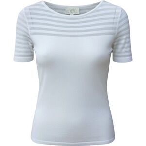 Cache White Short Sleeve Knit Top Sheer Striped Mesh Detail Made in Italy Medium